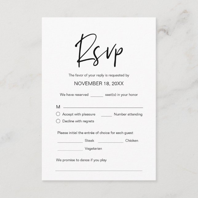 Tarjeta De Recepción Boda Cena RSVP, opción de comida, petición de canc (Anverso)