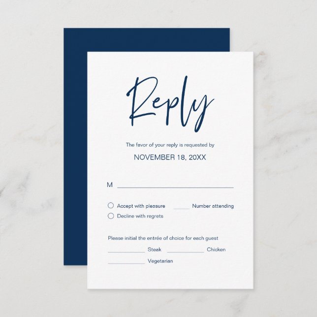 Tarjeta De Recepción Boda Cena RSVP, opciones de comida, Azul marino (Anverso / Reverso)