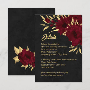 Tarjeta De Recepción Boda chic de borgoña y oro negro