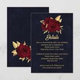 Tarjeta De Recepción Boda chic de burgundy y oro azul marino