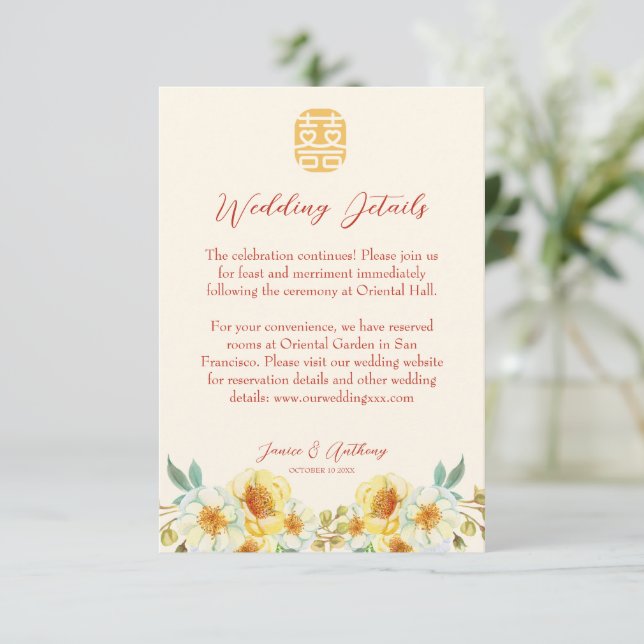 Tarjeta De Recepción Boda chino amarillo floral elegante detalle (Anverso de pie)