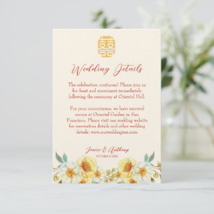 Tarjeta De Recepción Boda chino amarillo floral elegante detalle
