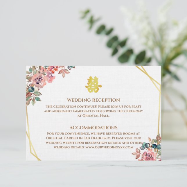 Tarjeta De Recepción Boda chino con flores geométricas de oro (Anverso de pie)