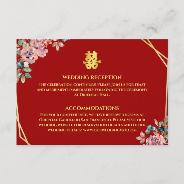 Tarjeta De Recepción Boda chino de floración dorada geométrica roja (Anverso)