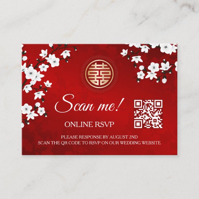 Tarjeta De Recepción Boda chino QR Code RSVP Online (Anverso)