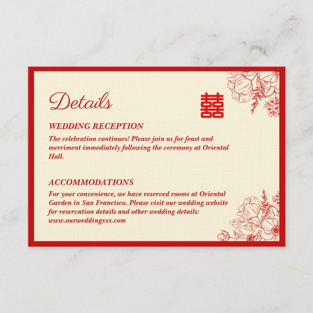Tarjeta De Recepción Boda chino rojo beige floral oriental (Anverso)