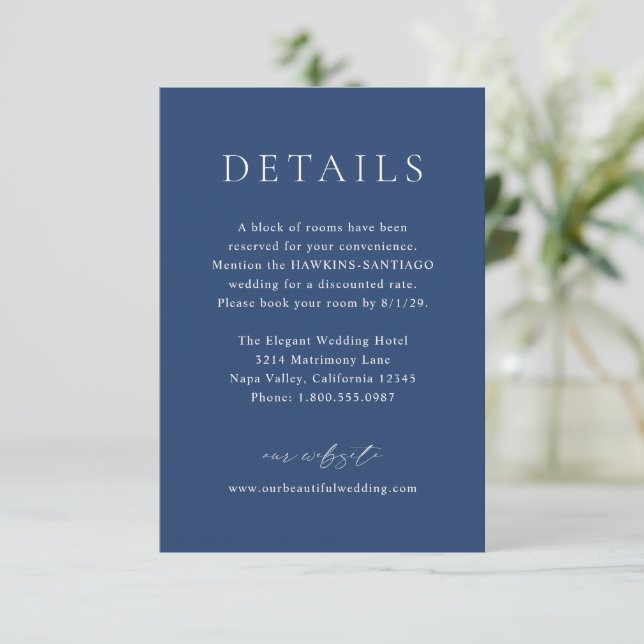 Tarjeta De Recepción Boda clásica azul elegante de la Marina (Anverso de pie)