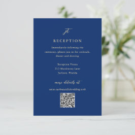Tarjeta De Recepción Boda clásica de código QR elegante de navy y crema