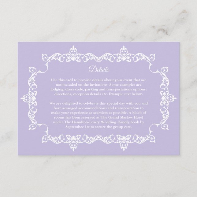 Tarjeta De Recepción Boda clásica de lavanda púrpura con marco ornament (Anverso)