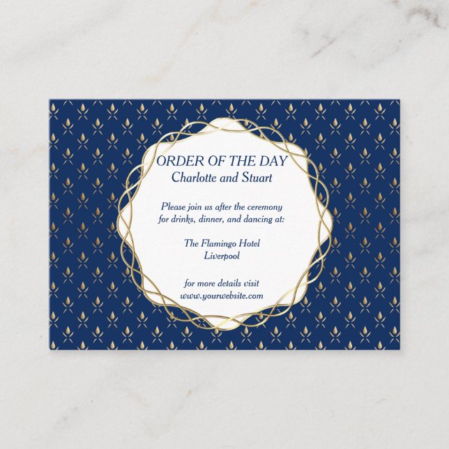 Tarjeta De Recepción Boda clásico azul y oro (Anverso)