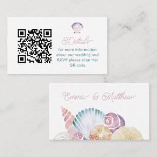 Tarjeta De Recepción Boda Código QR Concha Acuarela Púrpura