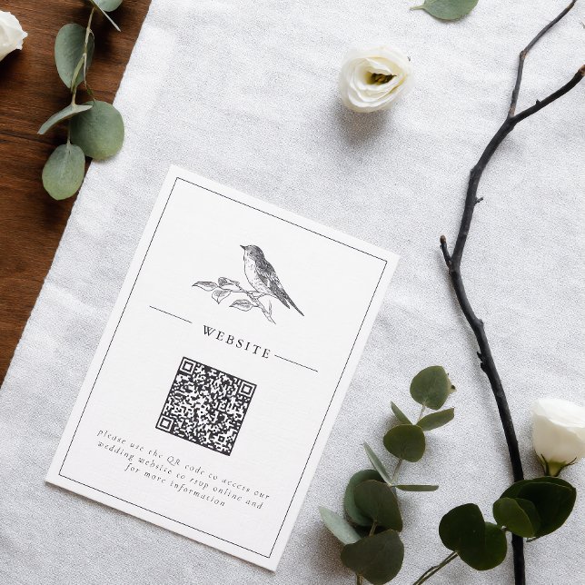 Tarjeta De Recepción Boda Código QR Pájaro Vintage en Blanco y Negro (Subido por el creador)