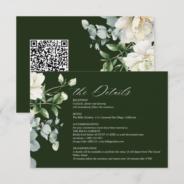 Tarjeta De Recepción Boda Código QR Verde Salvia Eucalipto y Rosa Marfi (Anverso / Reverso)