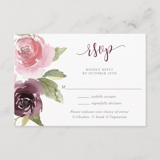 Tarjeta De Recepción boda color de agua rosa rosa y ruidosa RSVP (Anverso)