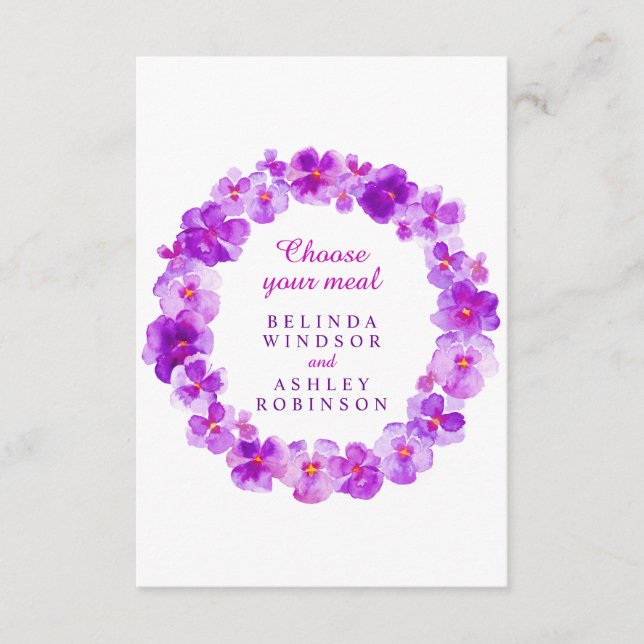 Tarjeta De Recepción Boda comida opción púrpura pansia floral (Anverso)