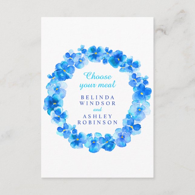 Tarjeta De Recepción Boda comida variedad panes azules florales (Anverso)