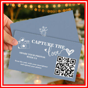 Tarjeta De Recepción Boda con código QR Capture The Love en azul polvor