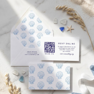 Tarjeta De Recepción Boda con código QR de respuesta RSVP de concha azu
