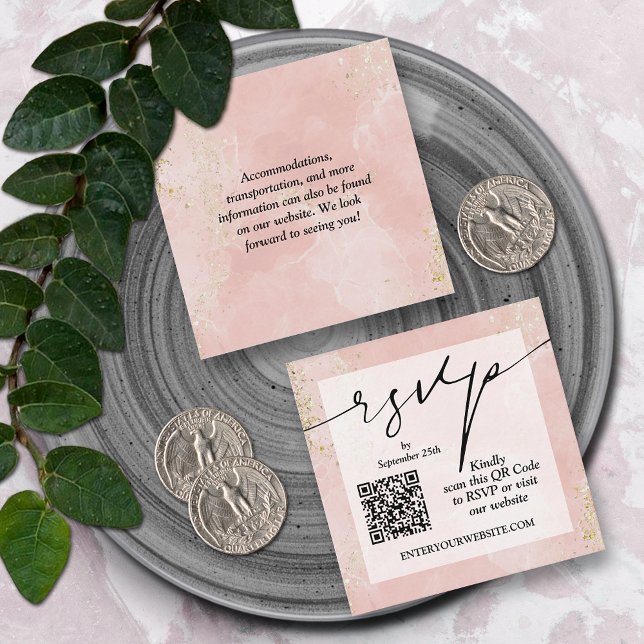Tarjeta De Recepción Boda con código QR Rosa Polvoriento (Dusty pink QR code wedding small RSVP cards 2.5" x 2.5")