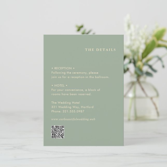 Tarjeta De Recepción Boda con código QR simple verde sage moderno (Anverso de pie)