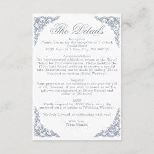 Tarjeta De Recepción Boda con cresta de monograma azul polvoriento y tr