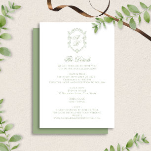 Tarjeta De Recepción Boda con Cresta de Monograma Floral Verde Salvia E