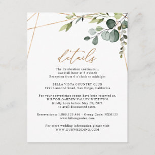 Tarjeta De Recepción Boda con detalles geométricos dorados y follaje de
