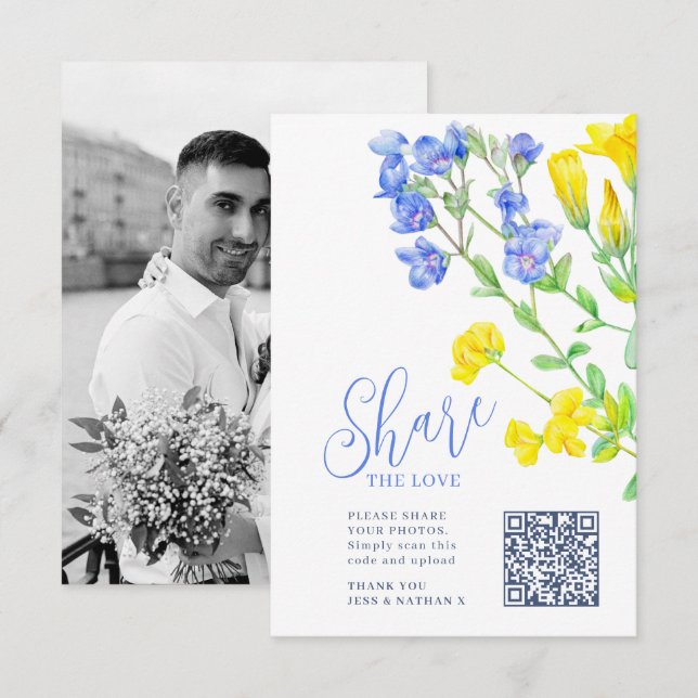 Tarjeta De Recepción Boda con flores silvestres amarillas azul comparti (Anverso / Reverso)