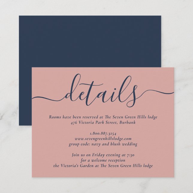 Tarjeta De Recepción Boda con letra script moderna azul marino y rubor (Anverso / Reverso)