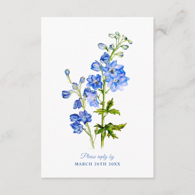 Tarjeta De Recepción Boda contestar flores delfino azules (Anverso)