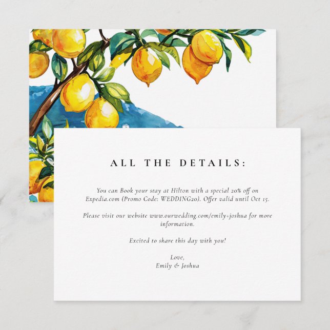 Tarjeta De Recepción Boda costero de Lemon Citrus Amalfi (Anverso / Reverso)