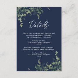 Tarjeta De Recepción Boda de acuarela botánica de la Marina Blue Greene