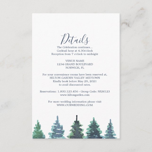 Tarjeta De Recepción Boda de acuarela de invierno (Anverso)