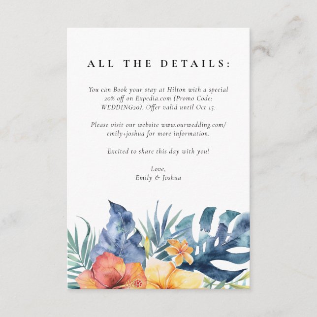 Tarjeta De Recepción Boda de acuarela de verano floral tropical (Anverso)