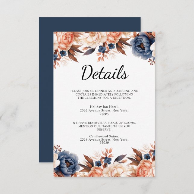 Tarjeta De Recepción Boda de acuarela floral azul turbio y terracota (Anverso / Reverso)
