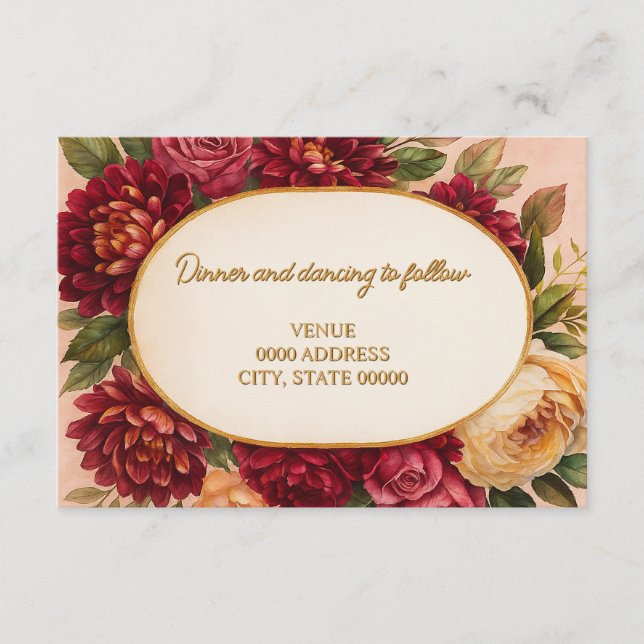 Tarjeta De Recepción Boda de acuarela floral de Rubor Burgundy (Anverso)