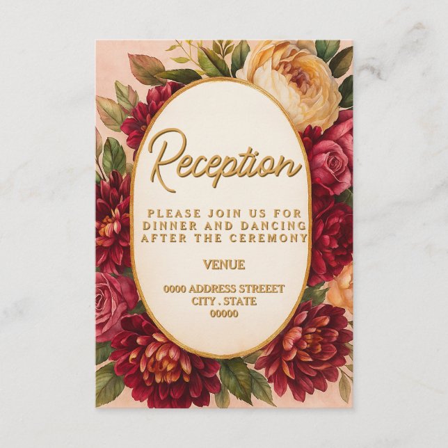 Tarjeta De Recepción Boda de acuarela floral de Rubor Burgundy (Anverso)