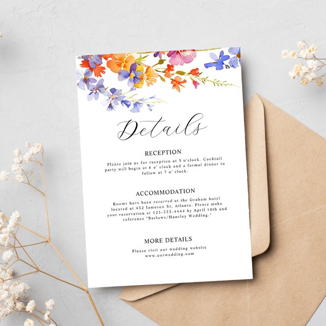 Tarjeta De Recepción Boda de Acuarela Floral Elegante Flor Silvestre (Watercolor Floral Elegant Wildflower Wedding Enclosure Card)