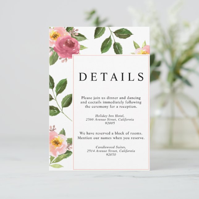 Tarjeta De Recepción Boda de acuarela floral rosa rubor (Anverso de pie)
