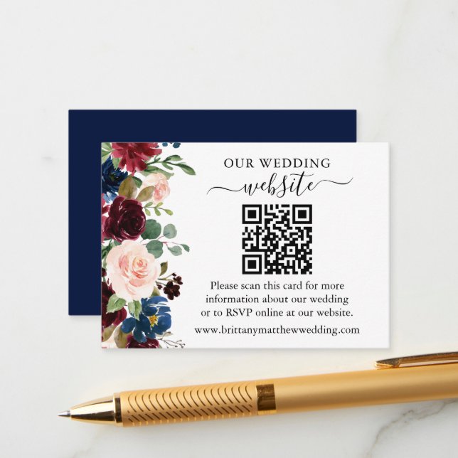 Tarjeta De Recepción Boda de acuarela mixta floral sitio web QR Enclosu (Anverso/Reverso In Situ)