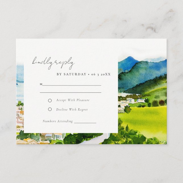 Tarjeta De Recepción Boda de acuarela Rustryside Lake Village (Anverso)