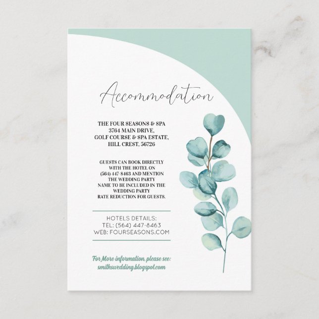 Tarjeta De Recepción Boda de Alojamiento Eucalyptus (Anverso)