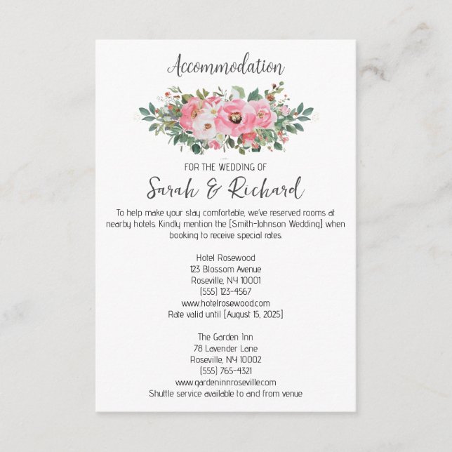 Tarjeta De Recepción Boda de Alojamiento Floral Rosa Brillante (Anverso)
