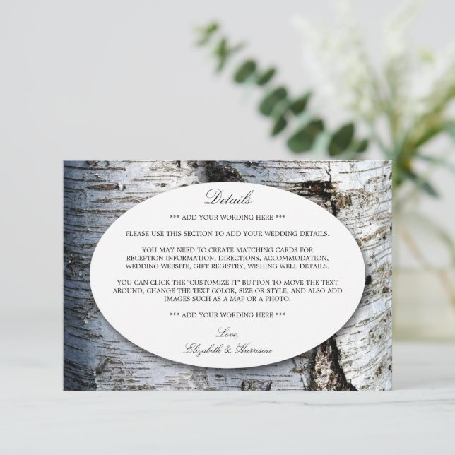 Tarjeta De Recepción Boda de árbol de birch rústico de país Insertar de (Anverso de pie)