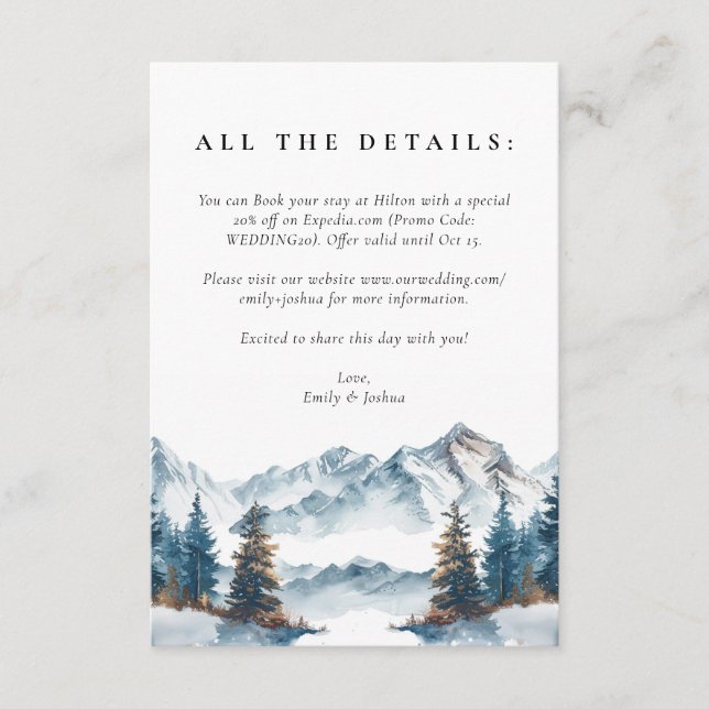 Tarjeta De Recepción Boda de árbol de pino de las montañas de invierno (Anverso)
