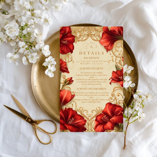 Tarjeta De Recepción Boda de Art Nouveau Red Amaryllis (Subido por el creador)