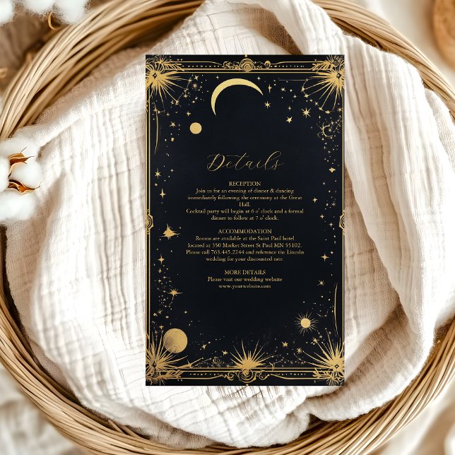 Tarjeta De Recepción Boda de Astronomía Celestial Black Gold Sun Moon (Subido por el creador)