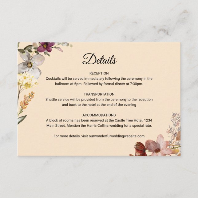 Tarjeta De Recepción Boda de Autumn Boho Wildflower (Anverso)