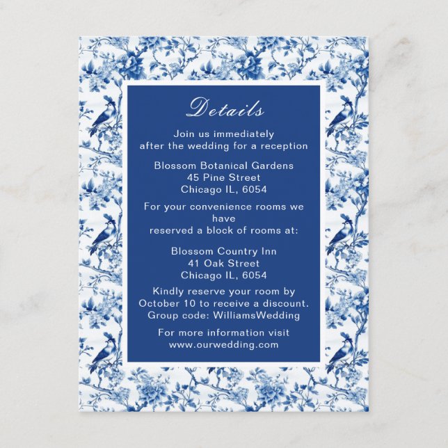 Tarjeta De Recepción Boda de Aves Azules y Flores Chinoiserie (Anverso)