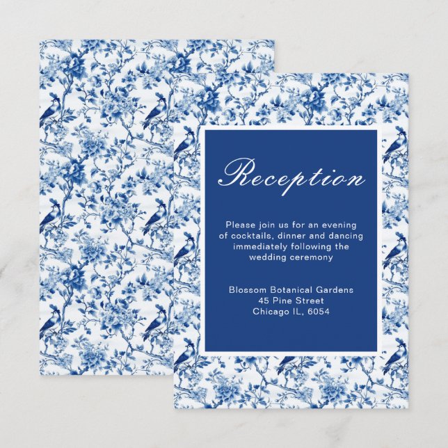 Tarjeta De Recepción Boda de Aves Azules y Flores Chinoiserie (Anverso / Reverso)